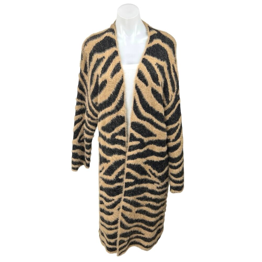 Band Of Gypsies Animal Print Faux Fur Long Sleeve Cardigan Sweater Coat Jacket L